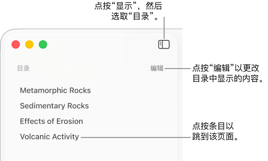 Pages 文稿窗口，左侧是目录，边栏右上角是“编辑”按钮，目录条目按列表列出。
