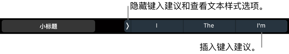 MacBook Pro 触控栏,包含的控制可用于选取文本样式、隐藏键入建议和插入键入建议。