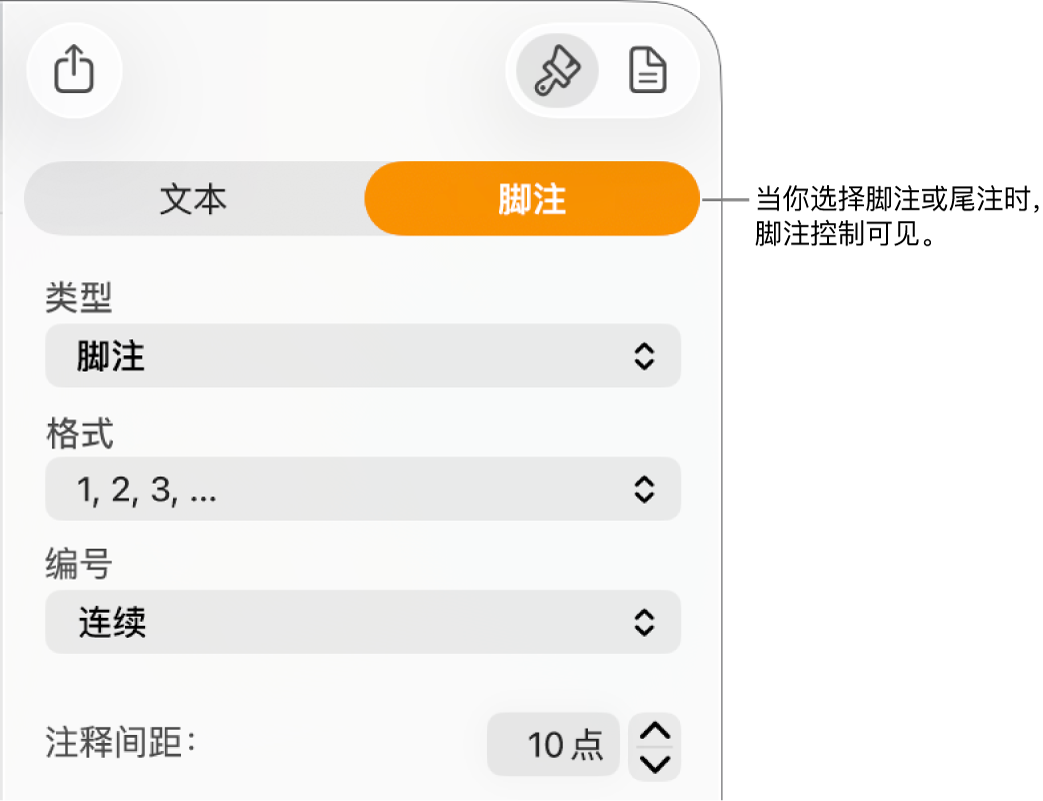 显示“类型”、“格式”、“编号”和“注释间距”等弹出式菜单的“脚注”面板。