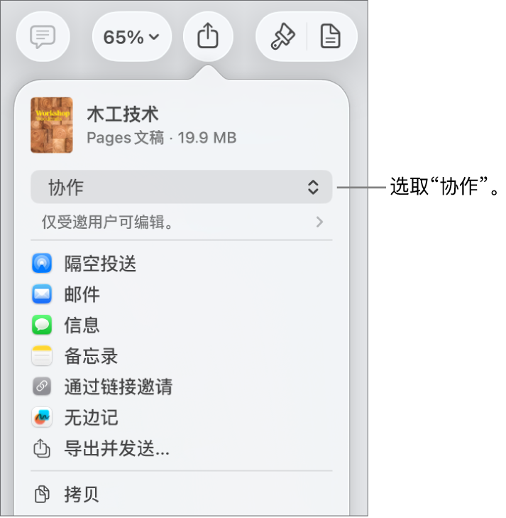 “共享”菜单,顶部已选中“协作”,下方是访问和权限设置。