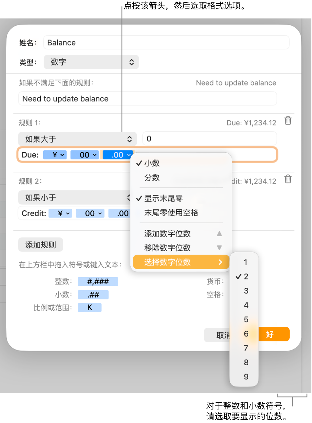 自定义单元格式窗口,带有用于选取自定义格式化选项的控制。