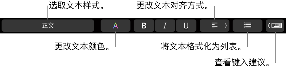 MacBook Pro 触控栏,包含的控制可用于选取文本样式、更改文本颜色、更改文本对齐方式、将文本格式化为列表以及显示键入建议。