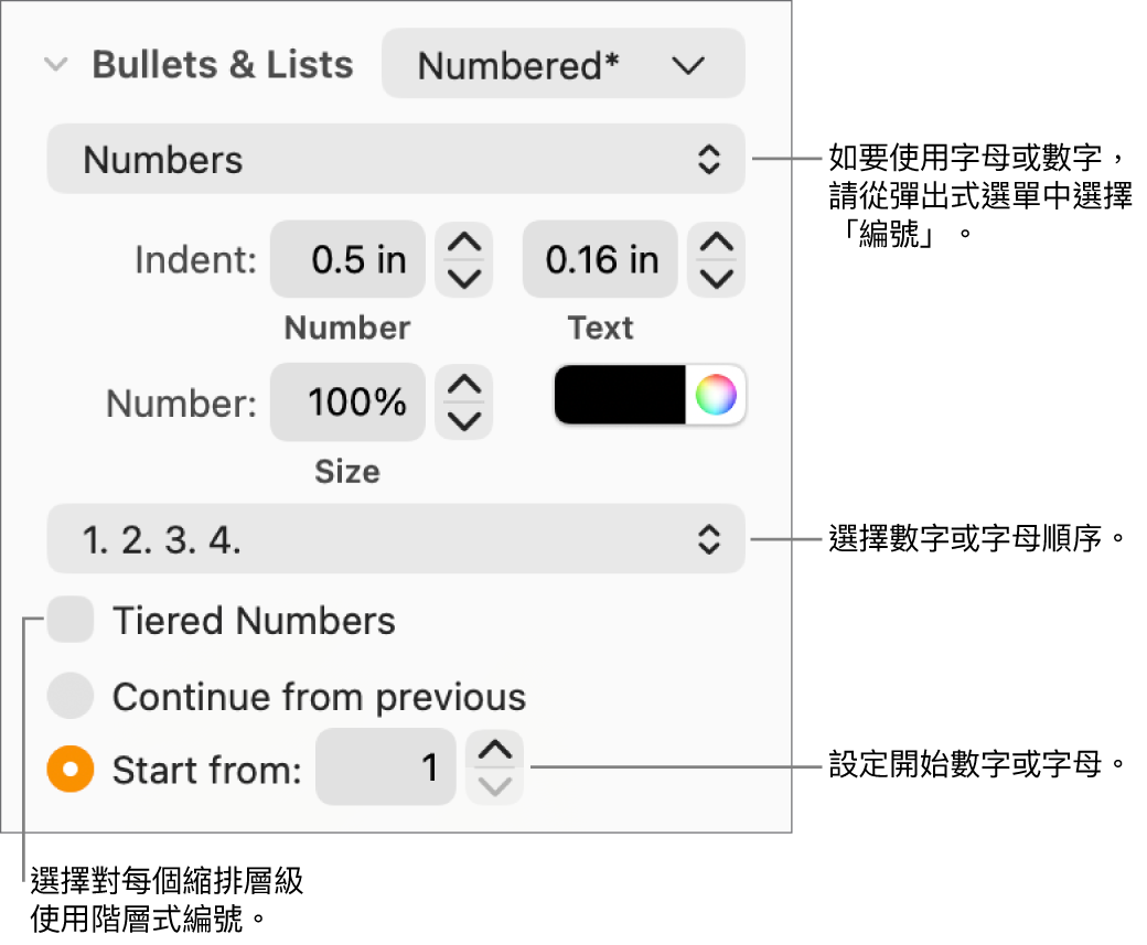 更改列表編號樣式與間距的控制項目。