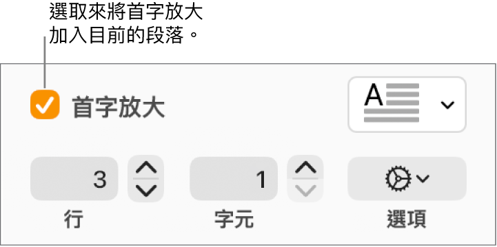 已選取「首字放大」註記框，其右方顯示彈出式選單；其下方顯示設定行高、字元數和其他選項的控制項目。
