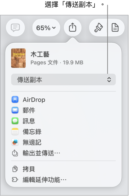 「分享」選單的最上方已選取「傳送副本」。