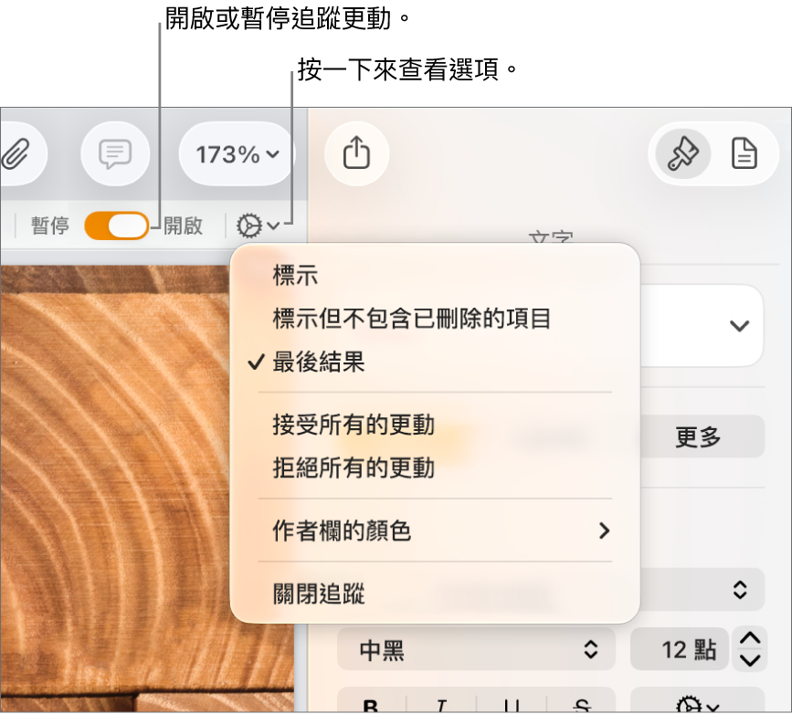 追蹤選項選單,顯示底部的「關閉追蹤」,說明文字指向「開啟追蹤」和「暫停」按鈕。