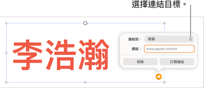 連結編輯器控制項目顯示已選取「網頁」,而「移除」和「打開連結」按鈕位於底部。