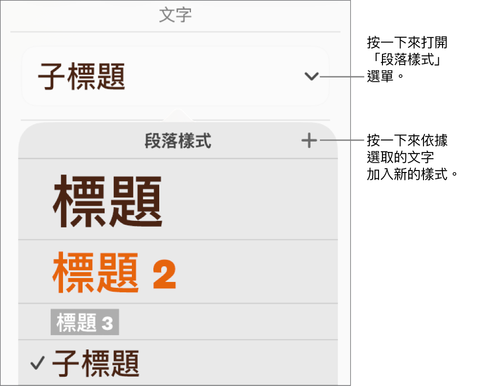 「段落樣式」選單，顯示用於加入或更改樣式的控制項目。