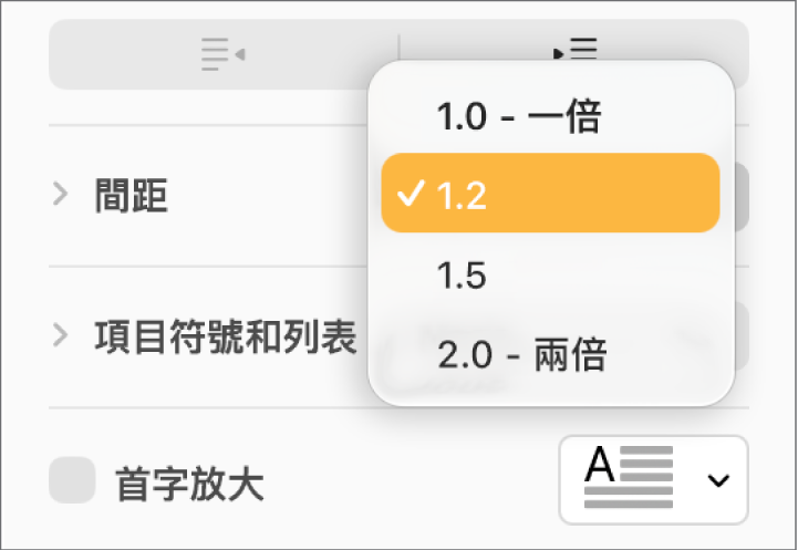 「間距」彈出式選單，含有「一倍」、「兩倍」和其他選項。