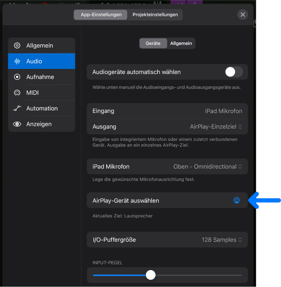 Abbildung. Der Bereich „Geräte“ der Audioeinstellungen mit der Taste „AirPlay-Gerät auswählen“.
