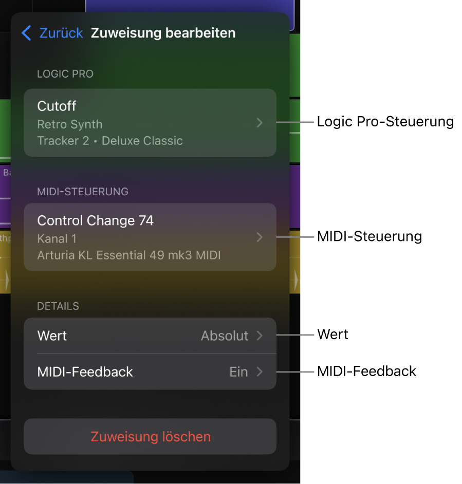 Abbildung. Die Anzeige „Zuweisung bearbeiten“ im Dialog „MIDI lernen“.