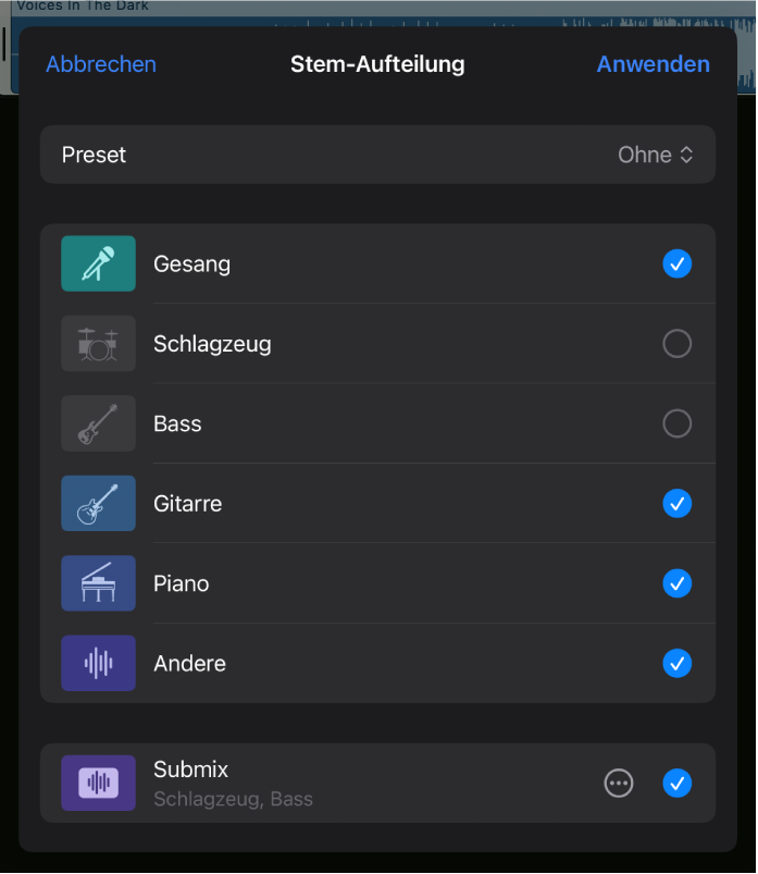 Abbildung. Das Fenster „Stem-Aufteilung“ mit Stems, deren Auswahl aufgehoben ist, und dem Submix-Stem unten.