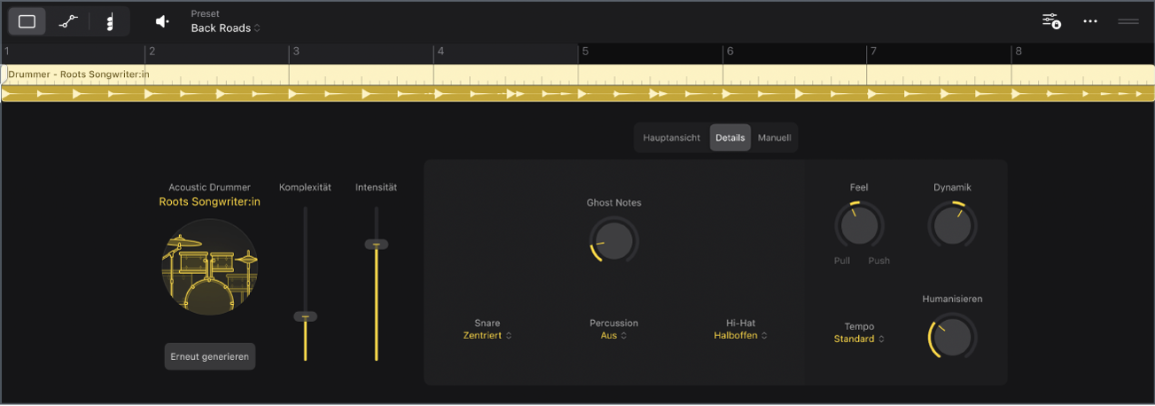Abbildung. Der Session Player-Editor mit der Detailansicht des akustischen Drummer