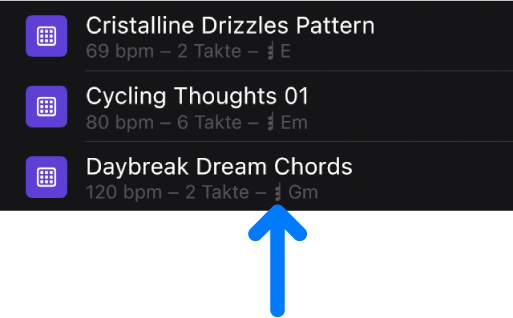 Abbildung. Loops mit Akkorden im Browser mit einem Pfeil, der auf das Akkordsymbol zeigt.