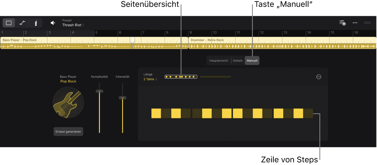Abbildung. Die Ansicht „Manuell“ im Session Player-Editor.