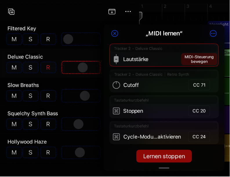 Abbildung. Das Erstellen einer Zuweisung im Dialog „MIDI lernen“.