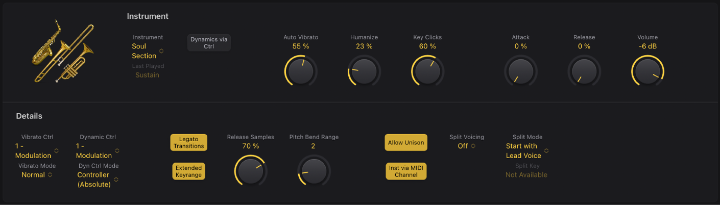 Abbildung. Fenster „Studio Horns“ mit dem Instrument „Soul Section“.
