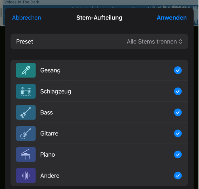 Abbildung. Das Fenster „Stem-Aufteilung“ mit dem Menü „Preset“ und Markierungsfeldern, um einzelne Stems zum Extrahieren auszuwählen oder die Auswahl aufzuheben.