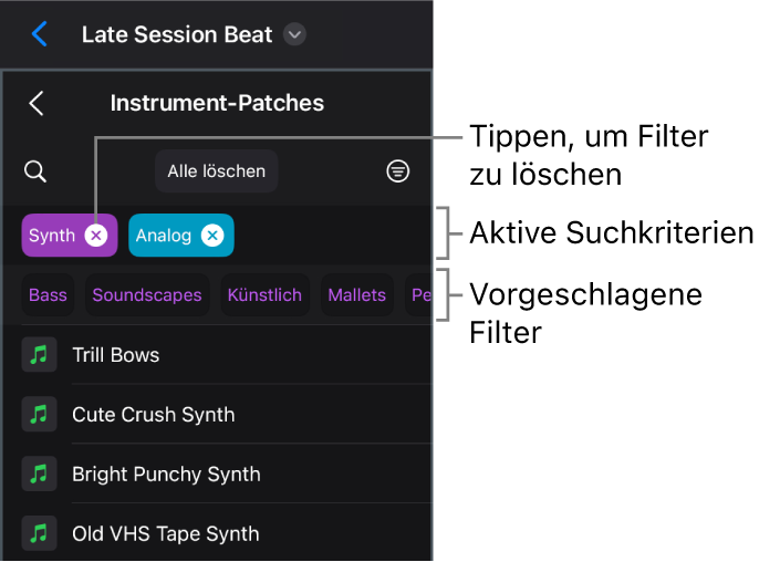 Abbildung. Ansicht der Instrument-Patches im Browser mit aktiven Suchkriterien und Filtervorschlägen.