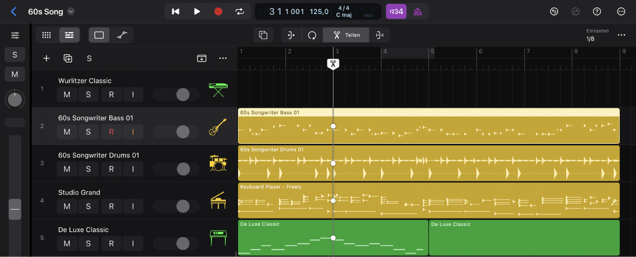 Abbildung. Der Bereich „Spuren“ mit dem Scherenwerkzeug im Lineal und mehreren Regionen mit weißen Punkten.