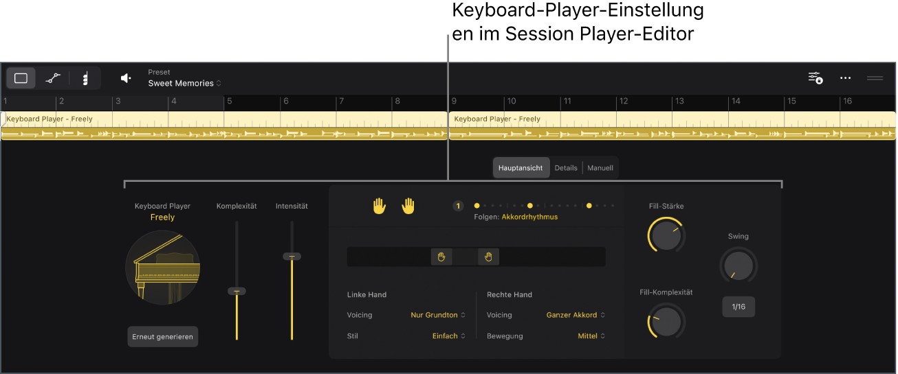 Abbildung. Der Session Player-Editor mit den Keyboard Player-Einstellungen.