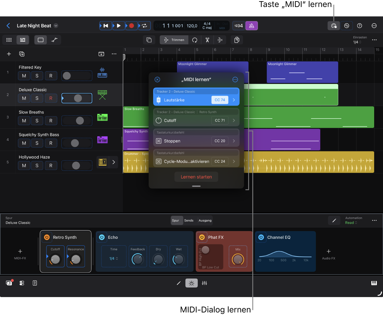 Abbildung. Der Bereich „Spuren“ mit dem Dialog „MIDI lernen“ zeigt die Zuweisungen an.