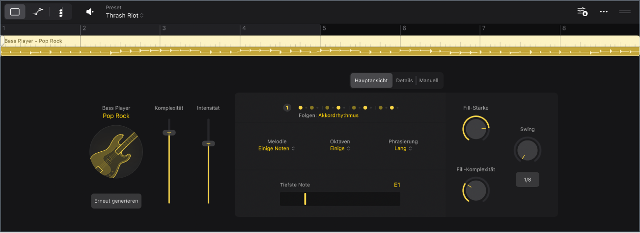 Abbildung. Der Session Player-Editor mit Bass Player