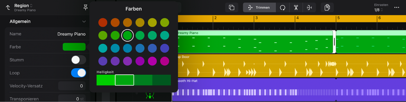 Ausgewählte Region mit der Farbpalette im geöffneten Informationsfenster.