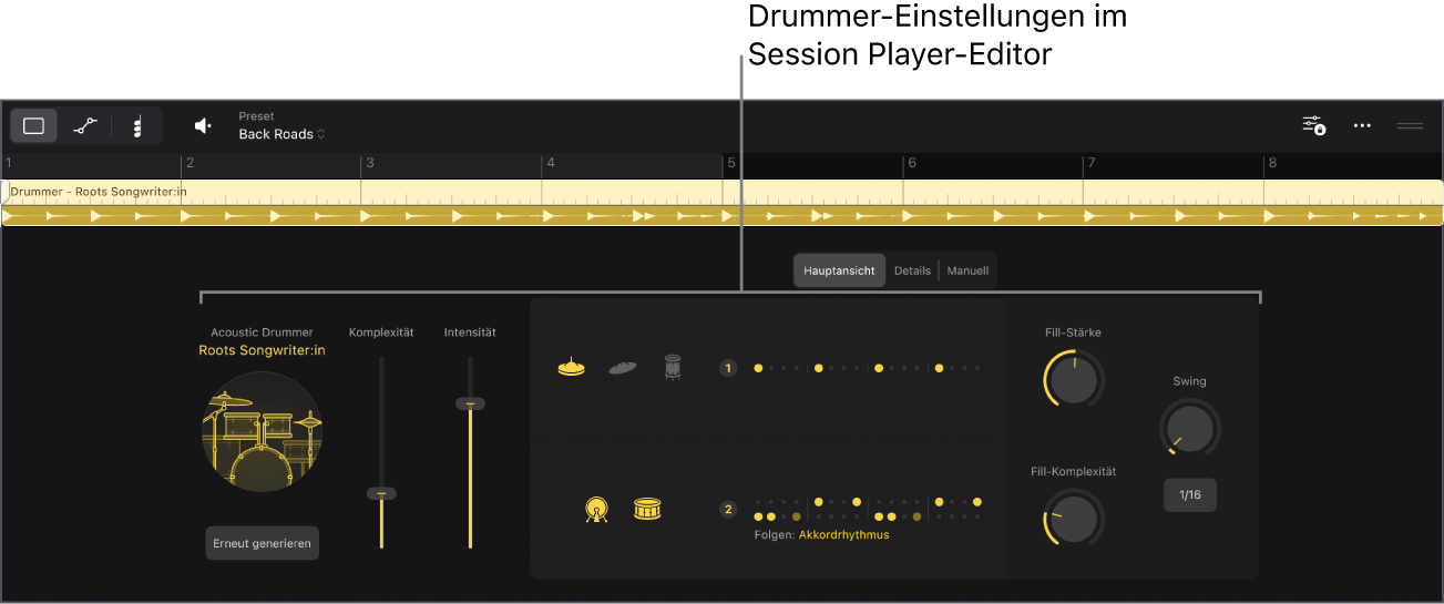 Abbildung. Der Session Player-Editor mit den Drummer-Einstellungen.