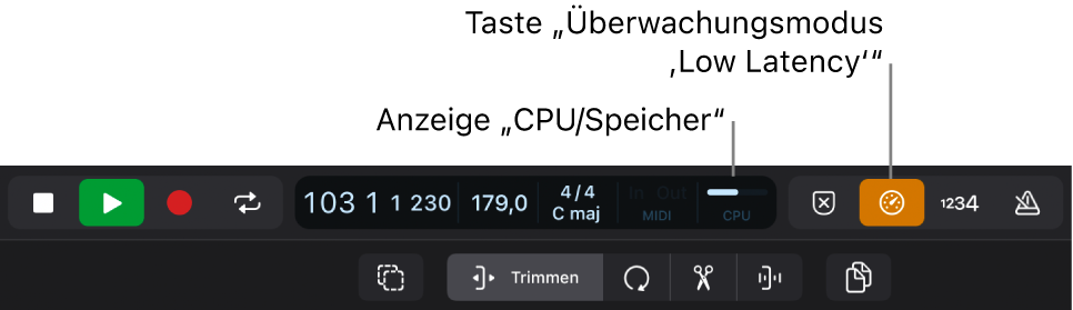 Abbildung. Die CPU-Anzeige und die Taste „Low Latency Monitoring“.