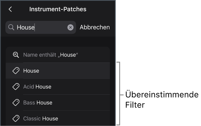 Abbildung. Vorgeschlagene Suchergebnisse für das Schlagwort „House“ in der Ansicht für Instrument-Patches des Browsers.