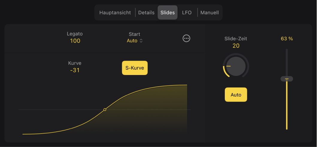 Abbildung. Slide-Einstellungen für Synth Bass Player-Stile im Session Player-Editor.