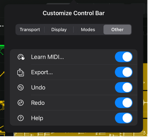 Figure. The Customize Control Bar dialog, showing the switches in the Other category.