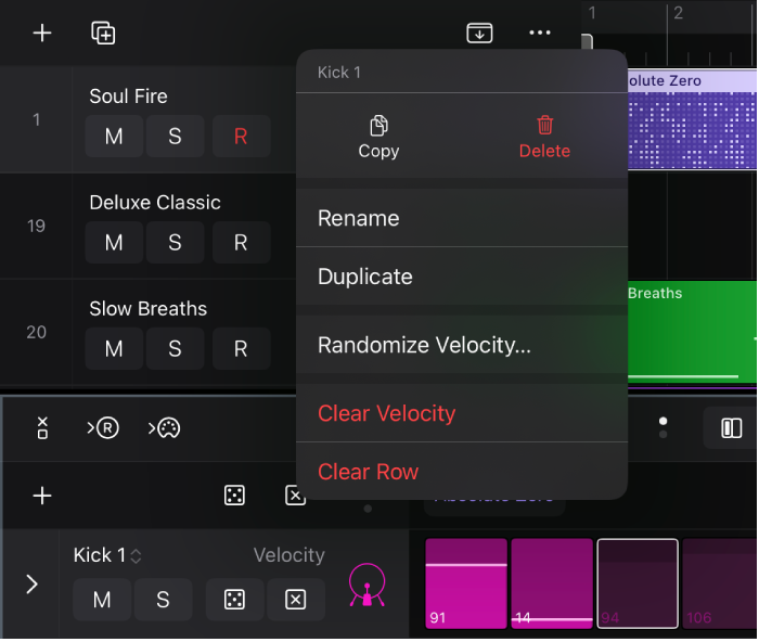 Figure: Resetting the row values to default settings.