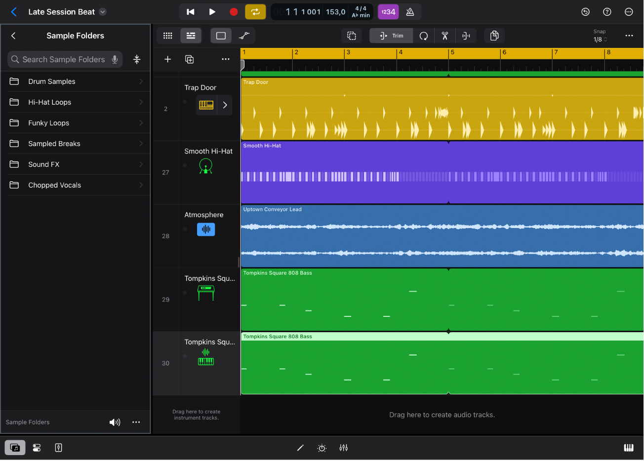 Figure. Logic Pro for iPad showing Sample Folders in the Browser.