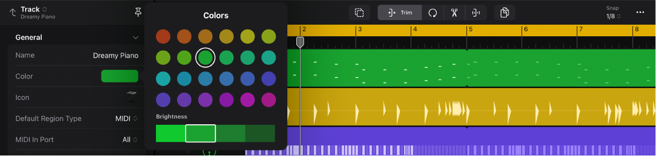 Figure. Inspector open showing Colors palette with selected track in the Tracks area.