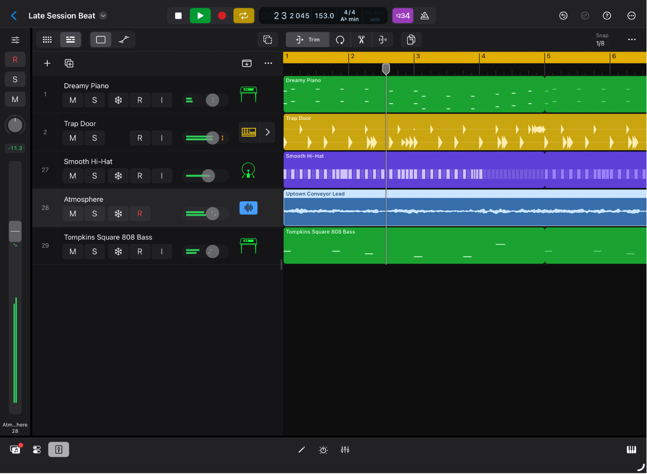 Figure. Logic Pro project playing, with Tracks area and Play Surface visible.
