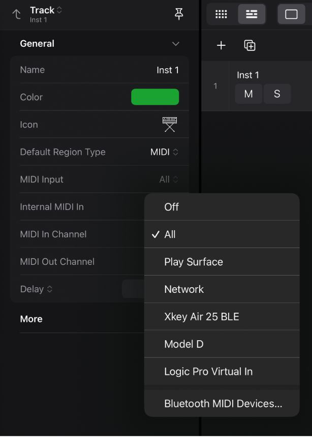 MIDI Input pop-up menu.