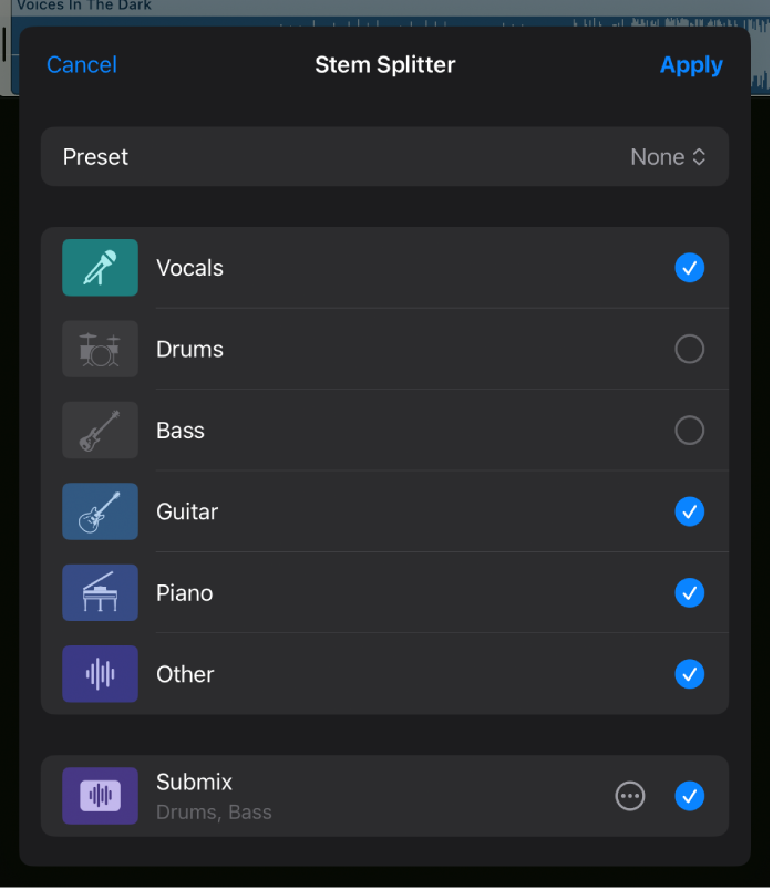 Figure. The Stem Splitter window with stems deselected and the Submix stem at the bottom.