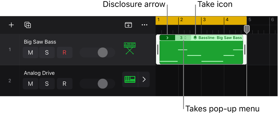 Figure. Take folder showing disclosure arrow, the Takes pop-up menu with the currently active take or comp, the take icon, and the track and region name.