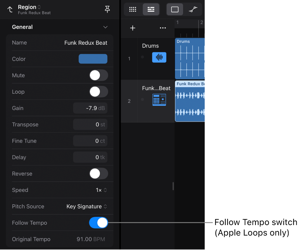 Figure. Region inspector showing the Follow Tempo switch for audio Apple Loops.