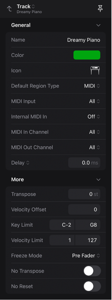 Figure. Inspector open with Track selected as display level and showing track parameters.