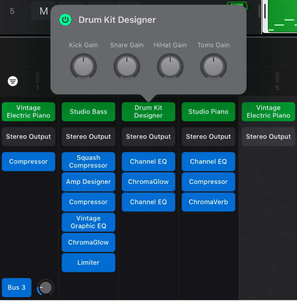 Figure. A Mixer channel strip with an instrument plug-in mini view open.