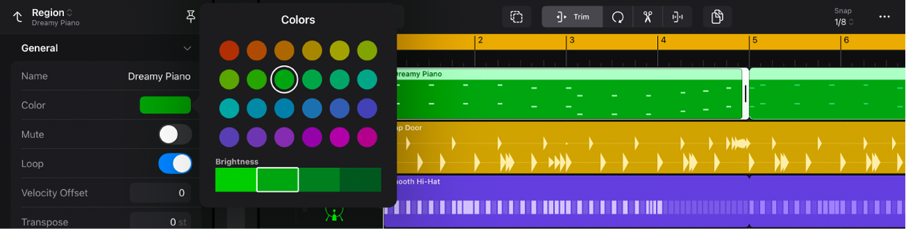 Region selected and inspector open, with Colors palette open.