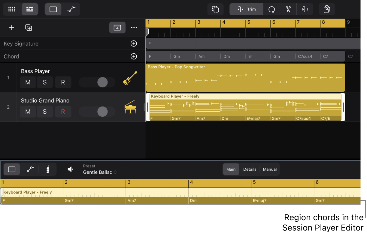 Figure. A Session Player region selected in the Tracks area and the Session Player Editor showing region chords.