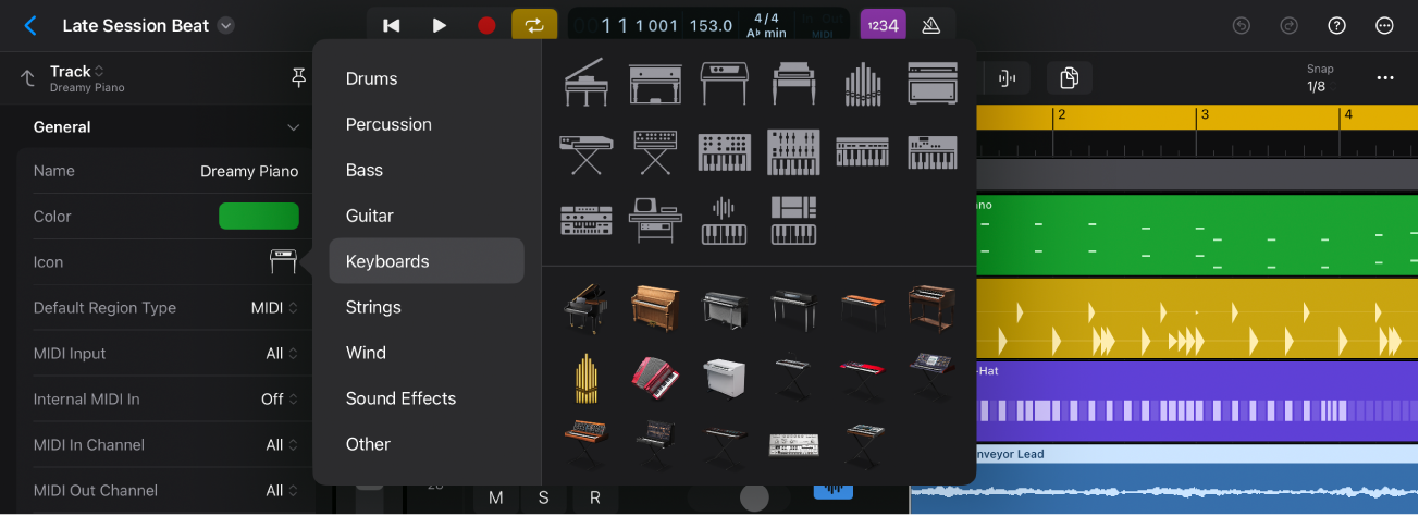 Figure. Inspector open showing track icon menu with selected track in the Tracks area.