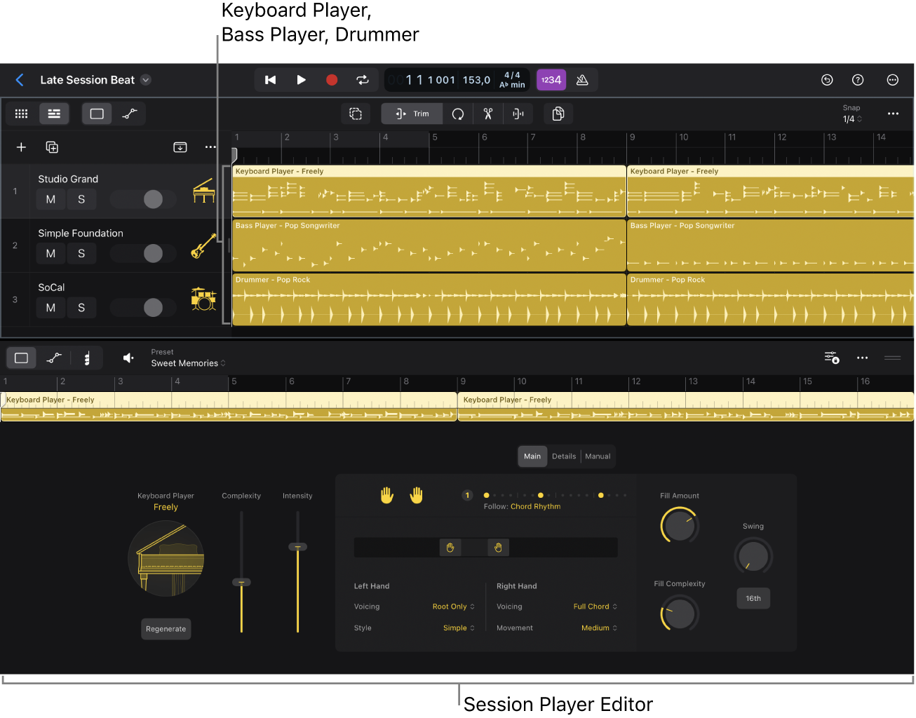 Figure. The Session Players in the Tracks area and Session Player Editor.