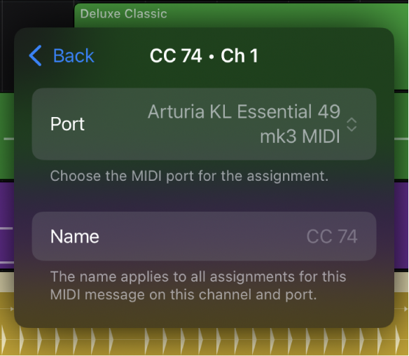 Figure. The MIDI control settings in the Learn MIDI dialog.