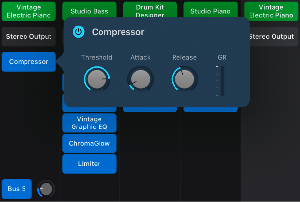 Figure. A Mixer channel strip with an effect plug-in mini view open.