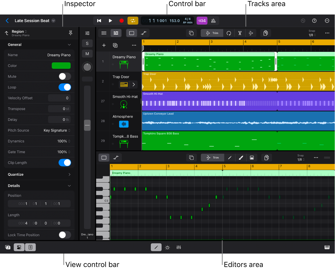 Figure. Logic Pro project playing, with Tracks area, inspector, and Piano Roll Editor visible.